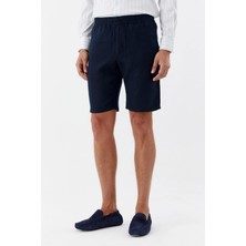 Sabri Özel Koyu Lacivert %100 Keten Regular Fit Beli Lastikli Bermuda Şort