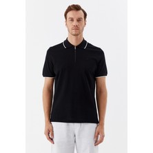 Sabri Özel Siyah Regular Fit %100 Pamuk Fermuarlı Polo Yaka T-shirt