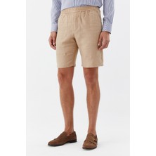 Sabri Özel Kum %100 Keten Regular Fit Beli Lastikli Bermuda Şort