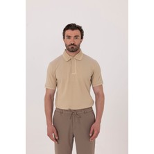 Sabri Özel Kum %100 Pamuk Gizli Fermuarlı Polo Yaka T-shirt