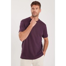 Tudors Unisex Relax Fit Rahat Kesim %100 Pamuk Yumuşak Dokulu Hafif Kalın Eflatun Bisiklet Yaka Tişört