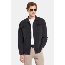 Tudors Erkek Relax Fit Rahat Kesim Denim Çıtçıtlı Uzun Kol Kot Ceket Siyah Gömlek
