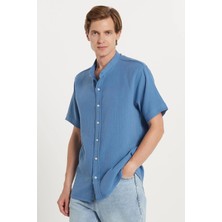Tudors Erkek Relax Fit Rahat Kesim Oversize %100 Pamuk Müslin Kumaş Kısa Kol Spor Hakim Yaka İndigo Gömlek