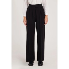 Tudors Kadın Regular Fit Klasik Kesim Cırt Kapamalı Geniş Paça Siyah Pantolon