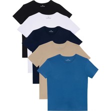 Tudors Unisex 5'li Pkt Siyah-Beyaz-Lacivert-Vizon-Mavi Slim Fit Dar Kesim %100 Pamuk Bisiklet Yaka Tişört
