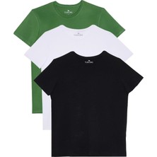 Tudors Unisex 3'lü Paket Siyah-Beyaz-Yeşil Slim Fit Dar Kesim %100 Pamuk Bisiklet Yaka Tişört