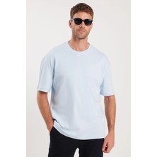 Tudors Unisex Oversize Geniş Kesim %100 Pamuk Yumuşak Dokulu Basic Bisiklet Yaka Mavi Tişört