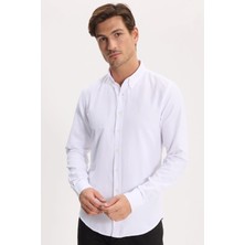 Tudors Erkek Slim Fit Dar Kesim Düz Oxford Armalı Düğmeli Yaka Beyaz Spor Gömlek