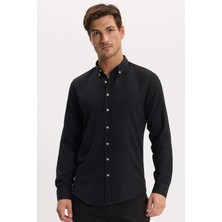 Tudors Erkek Slim Fit Dar Kesim Düz Oxford Armalı Düğmeli Yaka Siyah Spor Gömlek
