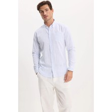 Tudors Erkek Slim Fit Dar Kesim Uzun Kollu %100 Pamuk Keten Efektli Düğmeli Yaka Rahat Mavi Gömlek