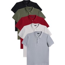 Tudors Erkek 5'li Paket Siyah-Haki-Bordo-Gri-Koyu Gri Slim Fit Dar Kesim Pamuklu Düz Pike Polo Yaka Tişört