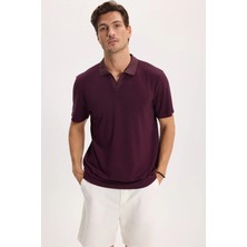 Tudors Erkek Slim Fit Dar Kesim Pamuklu Kısa Kollu Çizgili Bordo Polo V Yaka Tişört