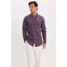 Tudors Erkek Slim Fit Dar Kesim %100 Pamuk Düğmeli Yaka Flam Keten Mor Gömlek