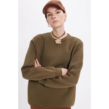 Tudors Kadın Oversize Geniş Kesim Pamuklu 3 İplik İçi Polarlı Basic Yeşil Bisiklet Yaka Sweatshirt