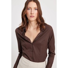 Tudors Kadın Slim Fit Dar Kesim Klasik Yaka Uzun Kollu Kahverengi Gömlek