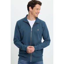 Tudors Erkek Slim Fit Dar Kesim Pamuklu Tam Fermuarlı Çift Cepli Dik Yaka Petrol Sweatshirt Hırka