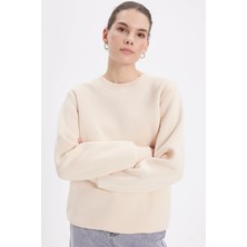 Tudors Kadın Oversize Geniş Kesim Pamuklu 3 İplik İçi Polarlı Basic Bej Bisiklet Yaka Sweatshirt