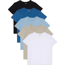 Tudors Unisex 5'li Paket Siyah-Taş-Mavi-Açık Mavi-Beyaz Slim Fit Dar Kesim %100 Pamuk Bisiklet Yaka Tişört