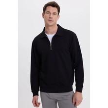 Tudors Erkek Relax Fit Rahat Kesim Pamuklu 3 İplik Fermuarlı Polo Yaka Siyah Sweatshirt