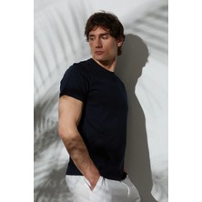 Tudors Unisex Slim Fit Dar Kesim %100 Pamuk Yumuşak Dokulu Lacivert Bisiklet Yaka Tişört