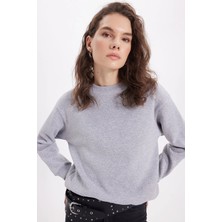 Tudors Kadın Oversize Geniş Kesim Pamuklu Bisiklet Yaka Gri Sweatshirt