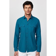Tudors Erkek Regular Fit Klasik Kesim Oversize %100 Pamuk Keten Doku Çift Cep Petrol Renk Gömlek