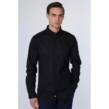 Tudors Slim Fit Uzun Kollu Dar Kesim Gizli Pat Pamuklu Siyah Erkek Gömlek