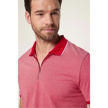 Tudors Erkek Slim Fit Dar Kesim Pamuklu Fermuarlı Bordo Polo Yaka Tişört