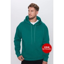 Tudors Unisex Oversize Geniş Kesim Pamuklu Yumuşak Dokulu Içi Polarlı Basic Yeşil Kapüşonlu Sweatshirt