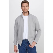 Tudors Unisex Relax Fit Rahat Kesim Pamuklu 3 İplik İçi Polarlı Fermuarlı Cepli Gri Sweatshirt Hırka