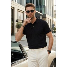 Tudors Erkek Slim Fit Dar Kesim Pamuklu Yumuşak Doku Nefes Alan Kumaş Kıvrılmaz Yaka Siyah Polo Yaka Tişört