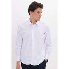 Tudors Slim Fit Uzun Kollu Kolay Ütü Teri Emen Nefes Alan Doku Kravatlık Dört Mevsim Beyaz Erkek Gömlek
