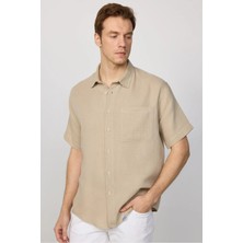 Tudors Relax Fit Kısa Kollu Rahat Kesim Müslin Kumaş %100 Pamuk Tek Cep Yazlık Düz Krem Erkek Gömlek