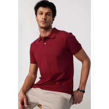 Tudors Erkek Slim Fit Dar Kesim %100 Pamuk Düz Pike Bordo Polo Yaka Tişört