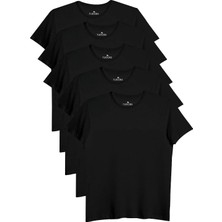Tudors Unisex 5'li Paket Siyah Slim Fit Dar Kesim %100 Pamuk Bisiklet Yaka Tişört