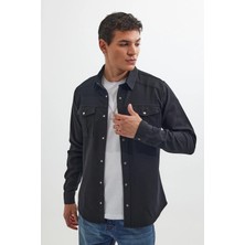 Tudors Slim Fit Uzun Kollu Spor Yaka Yıkamalı Çift Cepli Armürlü Denim Kot Siyah Erkek Gömlek