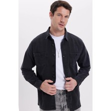 Tudors Relax Fıt Uzun Kollu Çift Cep Eskitmeli Siyah Denim Erkek Siyah Gömlek