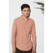 Tudors Erkek Slim Fit Dar Kesim %100 Pamuk Düğmeli Yaka Flam Keten Turuncu Gömlek