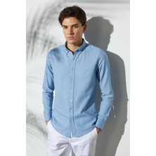 Tudors Erkek Slim Fit Dar Kesim %100 Pamuk Düğmeli Yaka Flam Keten Mavi Gömlek