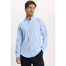 Tudors Erkek Slim Fit Dar Kesim Düz Oxford Armalı Düğmeli Yaka Mavi Spor Gömlek