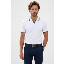 Tudors Erkek Slim Fit Dar Kesim %100 Pamuklu Çizgili Detaylı V Yaka Beyaz Polo Yaka Tişört