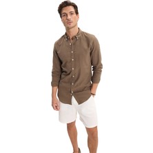 Tudors Erkek Slim Fit Dar Kesim %100 Pamuk Düğmeli Yaka Flam Keten Haki Gömlek