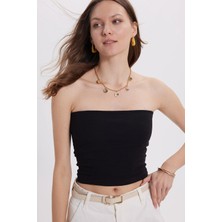 Tudors Kadın Slim Fit Dar Kesim Pamuklu Straplez Siyah Bluz