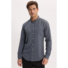 Tudors Erkek Slim Fit Dar Kesim Düz Oxford Armalı Düğmeli Yaka Antrasit Spor Gömlek