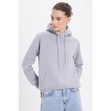 Tudors Kadın Relax Fit Rahat Kesim Pamuklu Kapüşonlu Kanguru Cepli Gri Sweatshirt