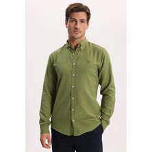 Tudors Erkek Slim Fit Dar Kesim Düz Oxford Armalı Düğmeli Yaka Yeşil Spor Gömlek