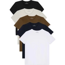 Tudors Unisex 5'li Paket Siyah-Beyaz-Taş-Lacivert-Haki Slim Fit Dar Kesim %100 Pamuk Bisiklet Yaka Tişört