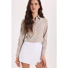 Tudors Kadın Slim Fit Dar Kesim Uzun Kollu Çizgili Bej Gömlek
