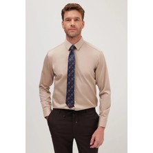 Tudors Slim Fit Bej Non-Iron %100 Pamuk Doğa Dostu Ekoteks Belgeli Ütü Gerektirmez Gömlek