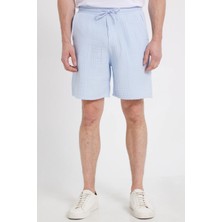 Tudors Erkek Regular Fit Rahat Kesim Müslin %100 Pamuk Beli Lastikli Cepli Bağcıklı Mavi Şort